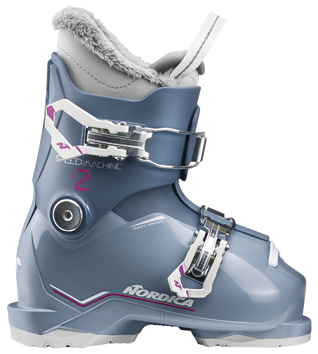 Nordica Speedmachine J2 Junior Ski Boots with two aluminum buckles, lightweight Triax shell and adjustable flex system.