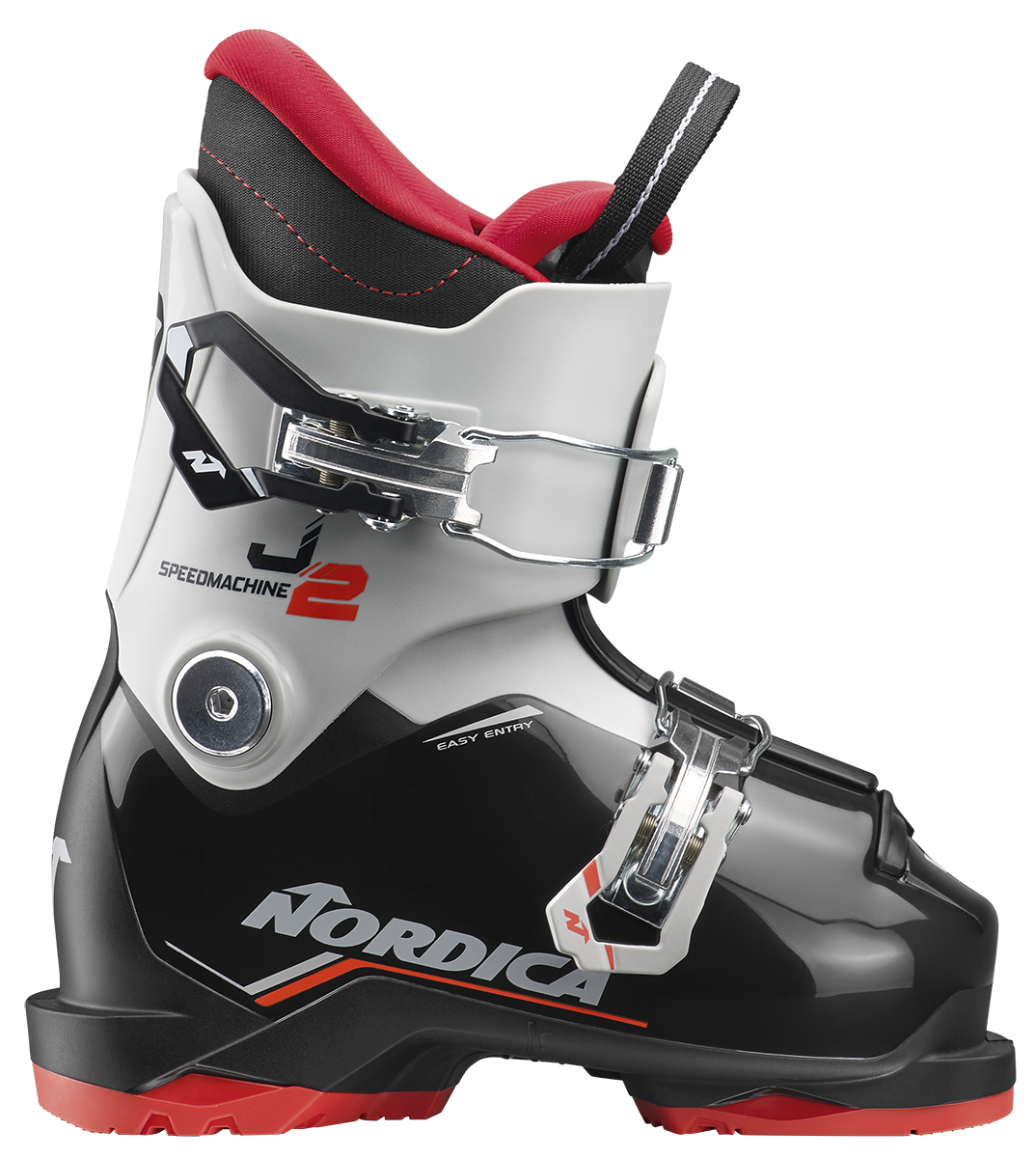 Nordica Speedmachine J2 Junior Ski Boots with two aluminum buckles, lightweight Triax shell and adjustable flex system.