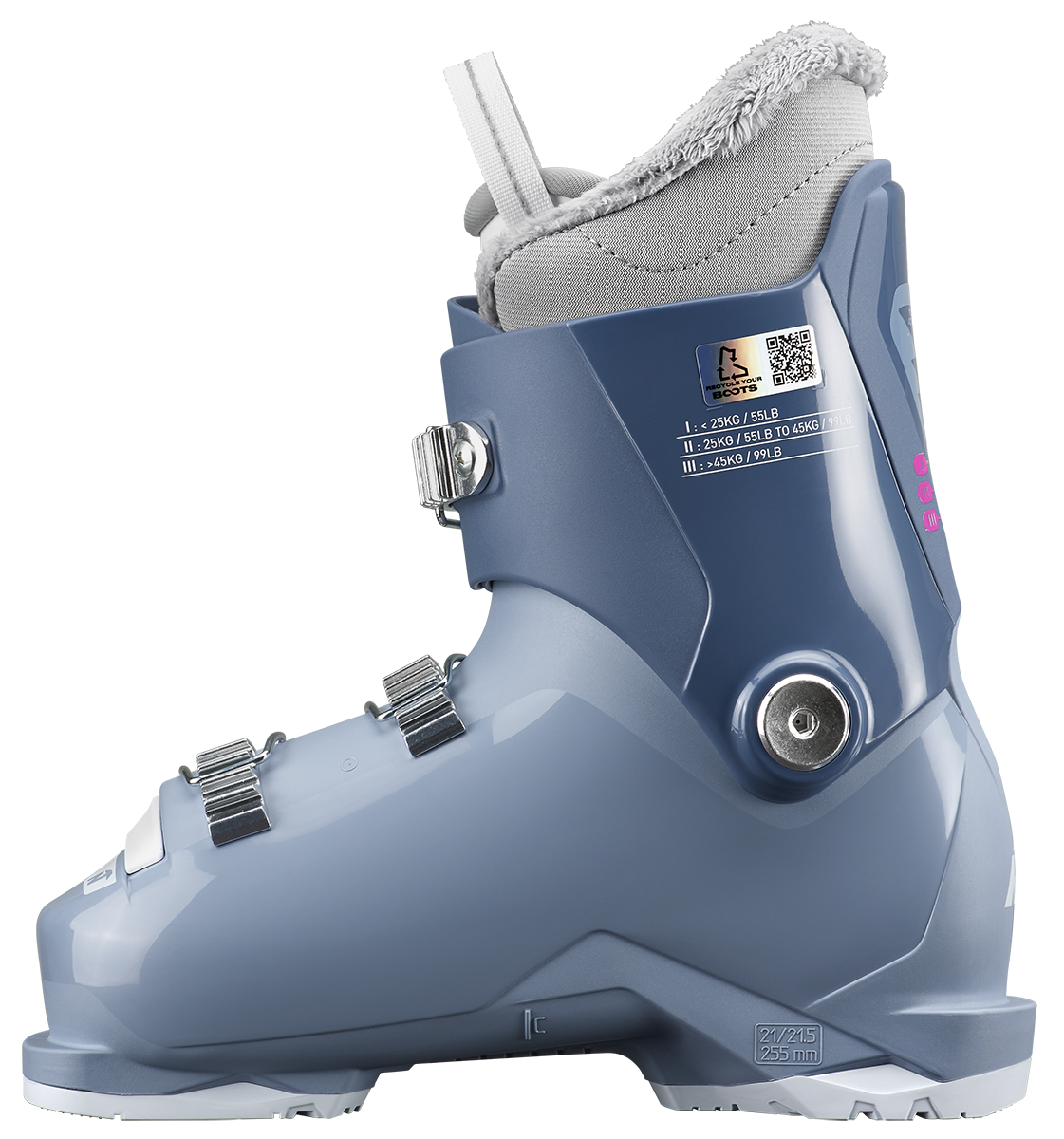 Nordica Speedmachine J3 Junior Ski Boots with three aluminum buckles, lightweight Triax shell and adjustable flex system.