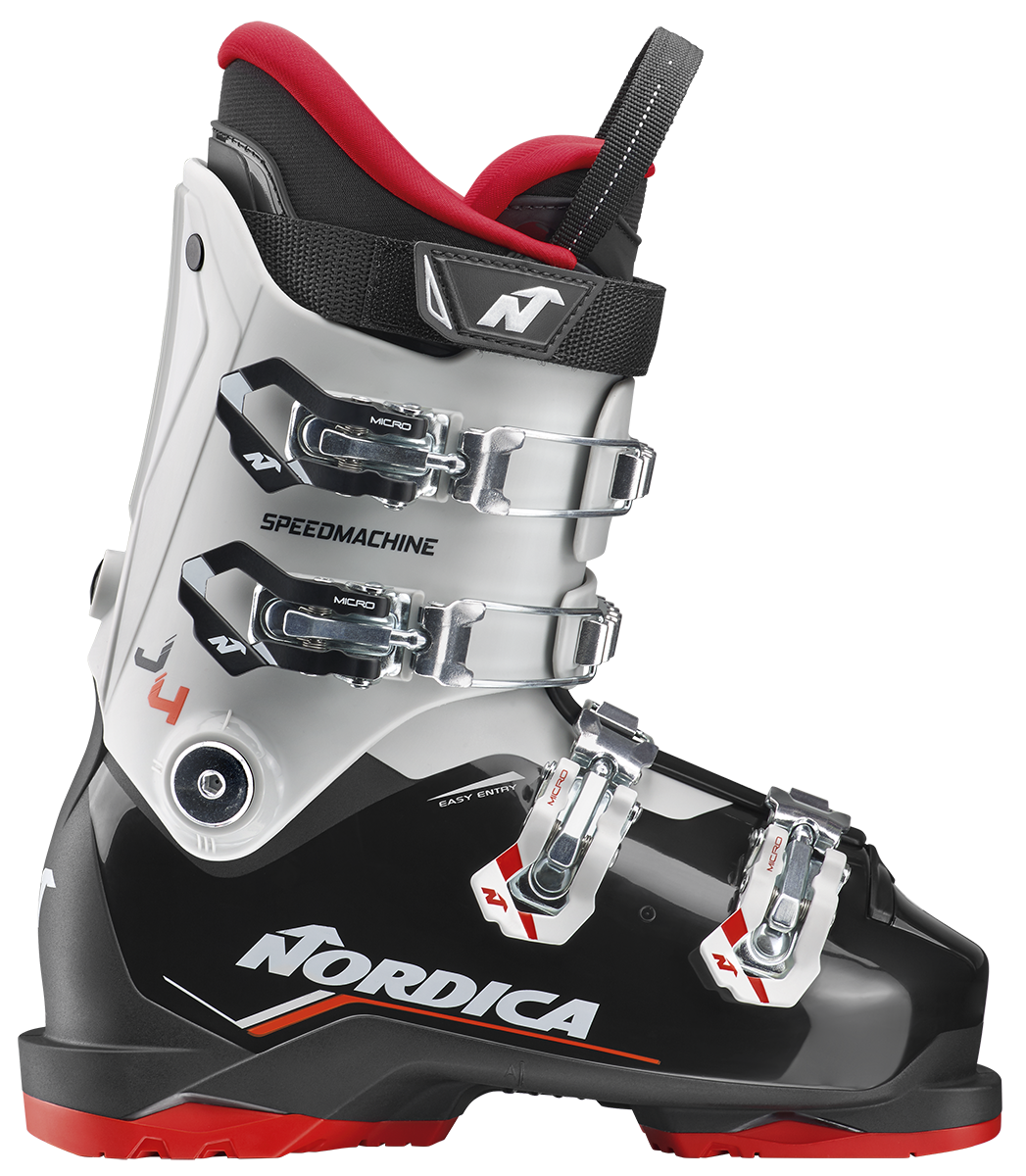 Nordica Speedmachine J4 Junior Ski Boots with four aluminum buckles, lightweight Triax shell, 25 mm power strap and Comfort Fit liner.