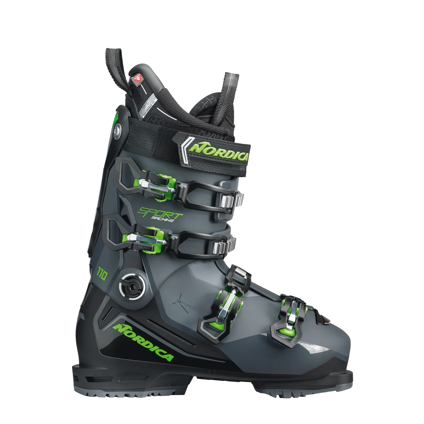 A Nordica Sportmachine 3 110 ski boot in gray, black, and green color scheme, designed for all-mountain use.
