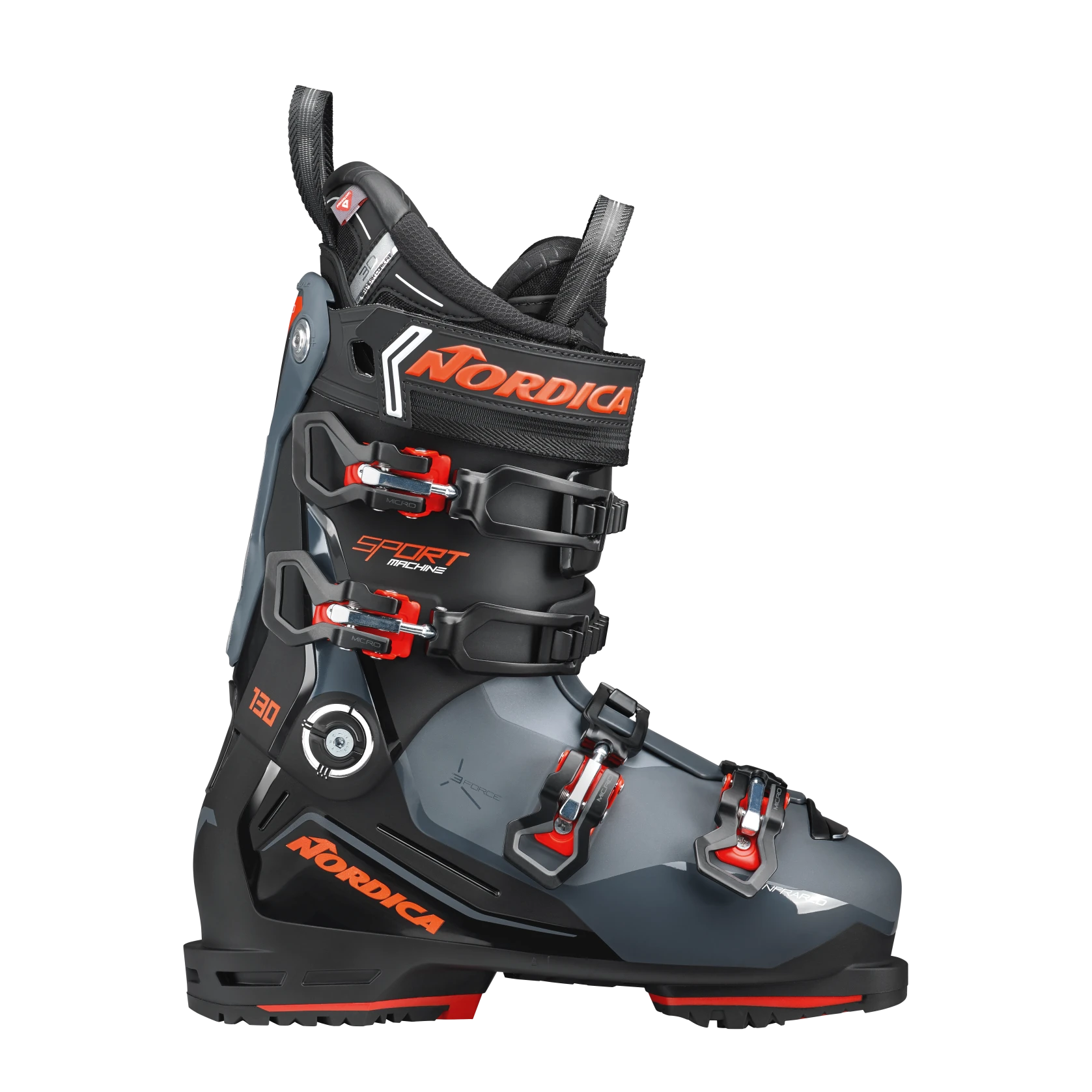 A Nordica Sportmachine 3 130 ski boot in gray with red and black detailing. The boot features a stiff flex rating of 130 and a 3 Force Construction design.