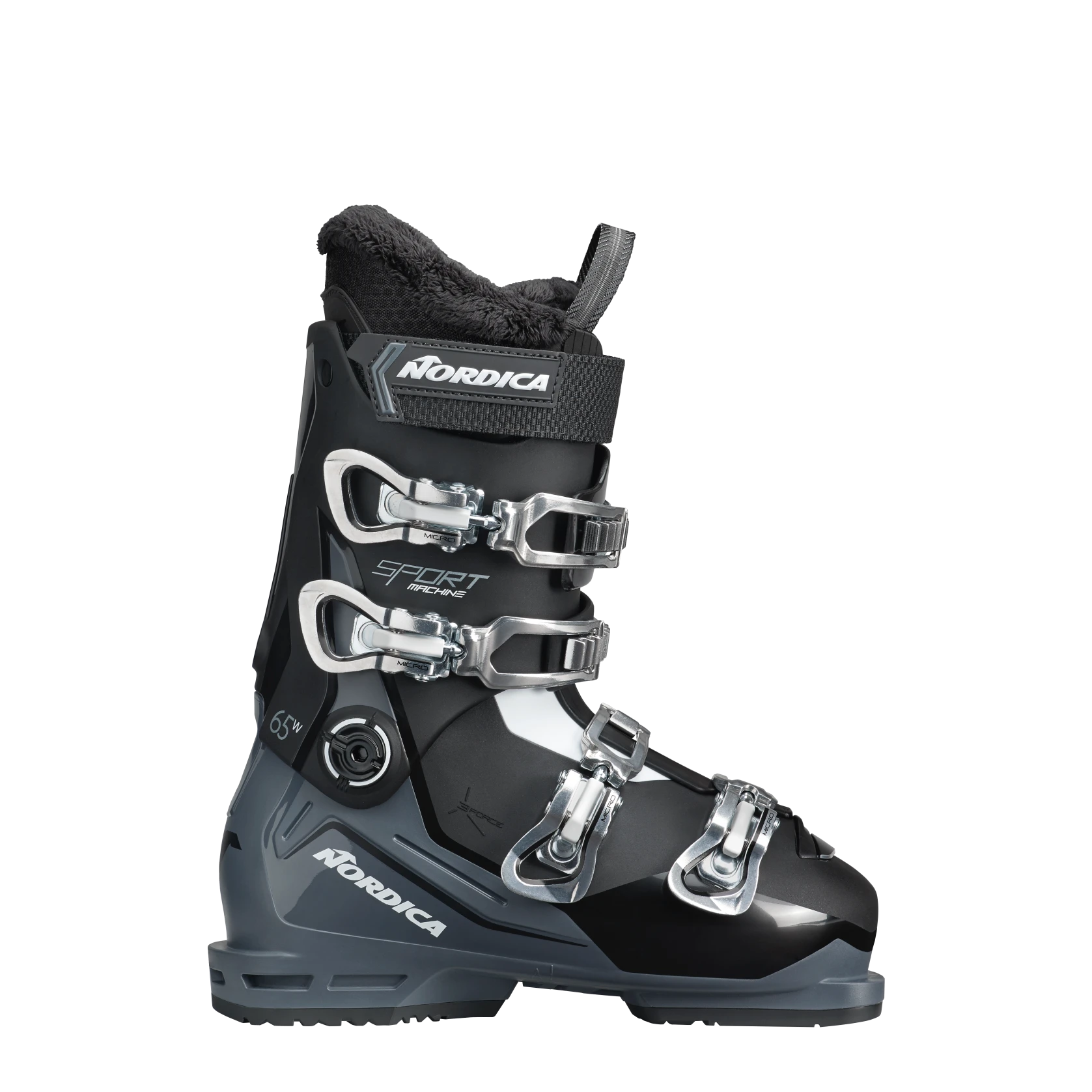 A black Nordica Sportmachine 65 W ski boot with sturdy, adjustable buckles and a plush lining, designed for both comfort and control on the slopes.