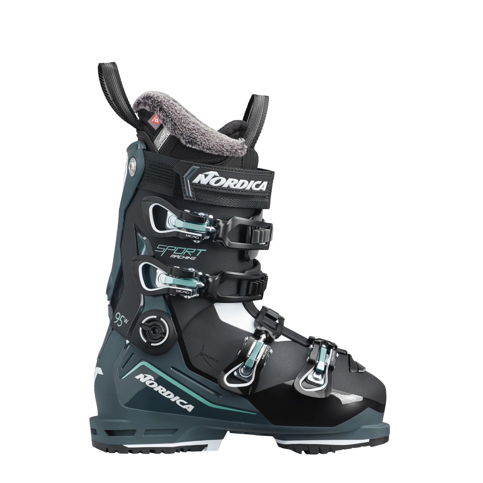 A black Nordica Sportmachine 3 95 W ski boot with a low-profile design and aggressive flex, featuring a gray and green accent on the boot's lower section.