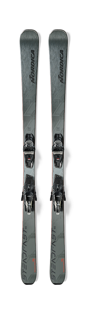 A pair of gray and black 2027 Nordica Steadfast 80 DC skis that are designed for intermediate skiers.