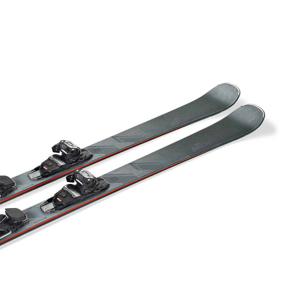 A pair of gray and black 2027 Nordica Steadfast 80 DC skis that are designed for intermediate skiers.