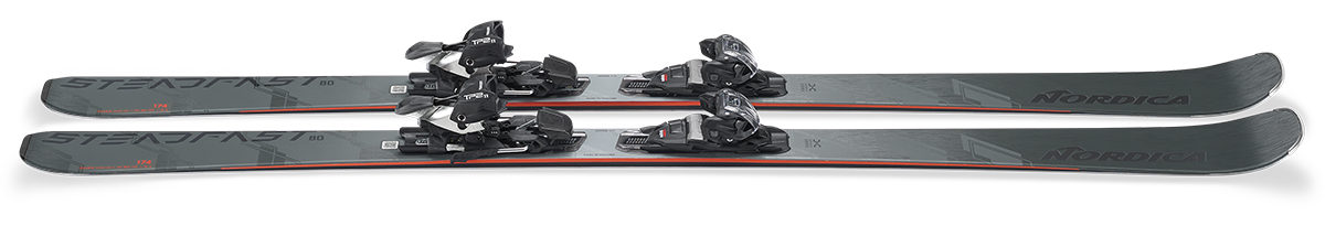 Nordica Steadfast 80 DC Skis 2027 in Grey Green and Anthracite with Marker TP2 Light 11 FDT bindings and Double Core construction.