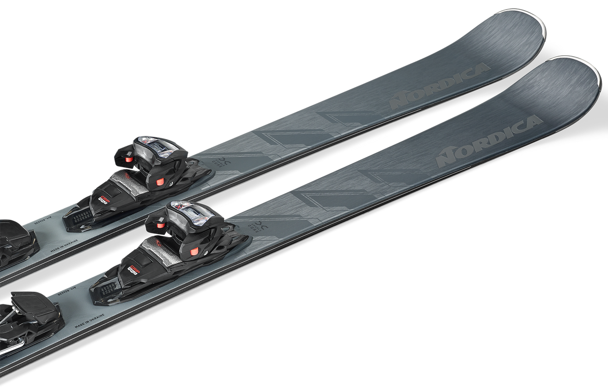 Nordica Steadfast 85 DC Skis 2027 in Grey Blue and Anthracite with TPX 12 bindings and Energy Ti Double Core construction.