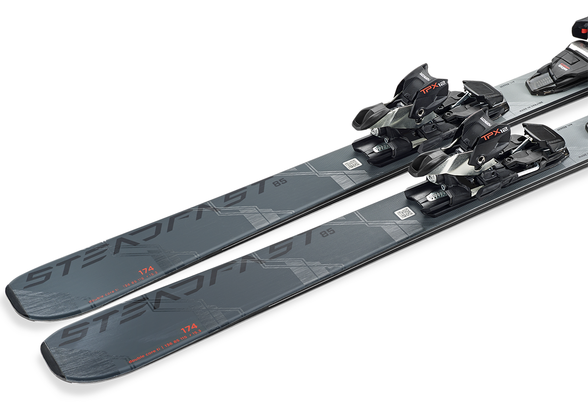Nordica Steadfast 85 DC Skis 2027 in Grey Blue and Anthracite with TPX 12 bindings and Energy Ti Double Core construction.