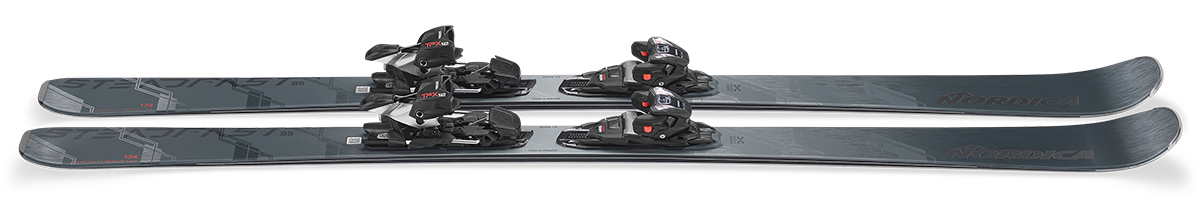 Nordica Steadfast 85 DC Skis 2027 in Grey Blue and Anthracite with TPX 12 bindings and Energy Ti Double Core construction.