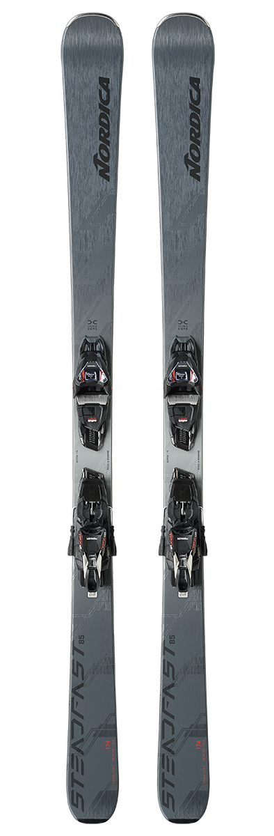 Nordica Steadfast 85 DC Skis 2027 in Grey Blue and Anthracite with TPX 12 bindings and Energy Ti Double Core construction.