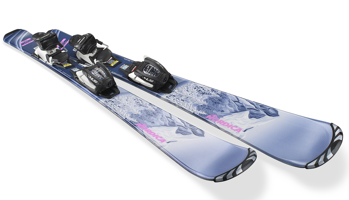 Nordica Team G junior skis with FDT 4.5 bindings, featuring a lightweight composite construction and On Piste Rocker for easy turns and progression.