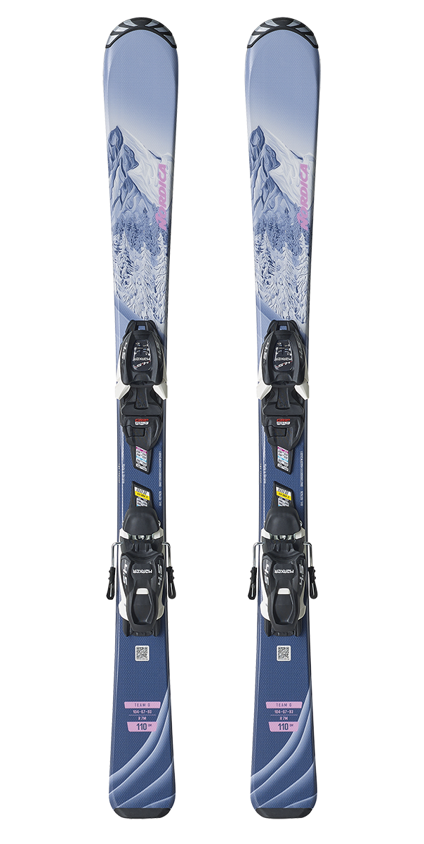 Nordica Team G junior skis with FDT 4.5 bindings, featuring a lightweight composite construction and On Piste Rocker for easy turns and progression.