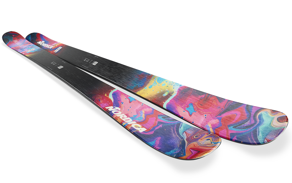 Nordica Unleashed 90 Skis 2027 featuring a 90 mm waist, twin-tip design, tip and tail rocker, and versatile all-mountain freeride performance.