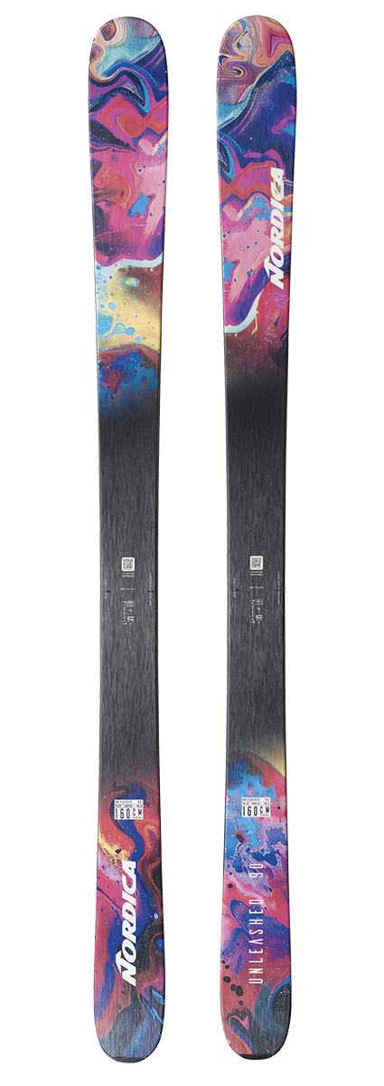 Nordica Unleashed 90 Skis 2027 featuring a 90 mm waist, twin-tip design, tip and tail rocker, and versatile all-mountain freeride performance.