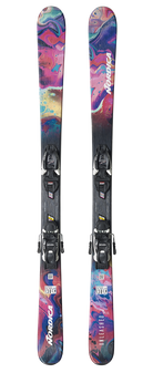 Nordica Unleashed J junior freeride skis with FDT 7.0 bindings, featuring Twin Rocker and a playful twin-tip design for all-mountain skiing.