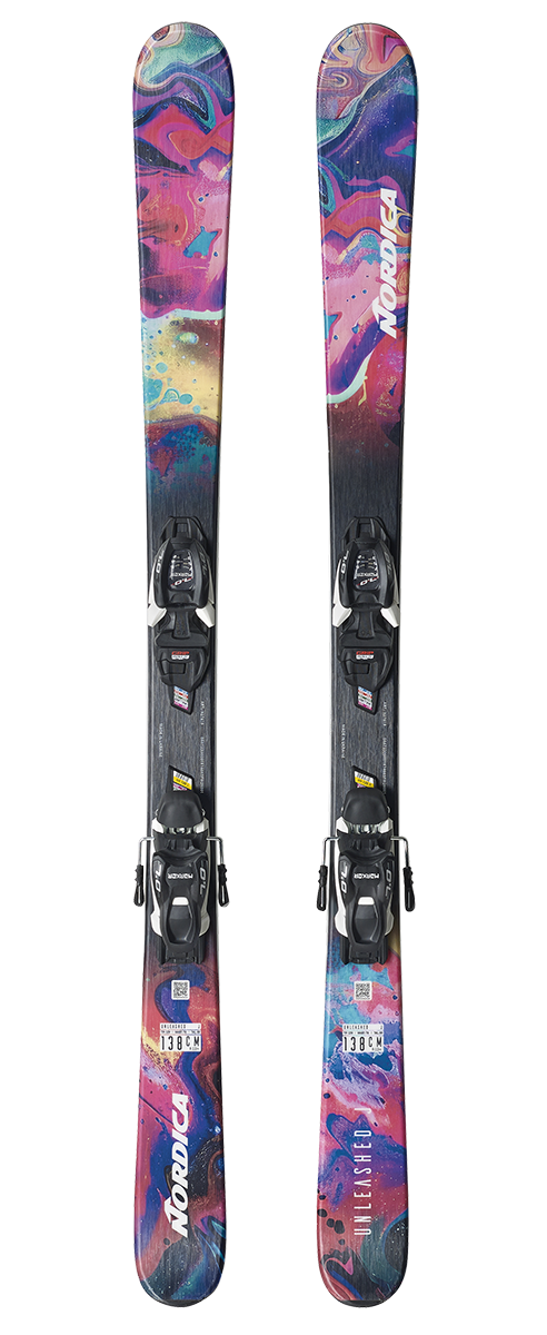 Nordica Unleashed J junior freeride skis with FDT 7.0 bindings, featuring Twin Rocker and a playful twin-tip design for all-mountain skiing.