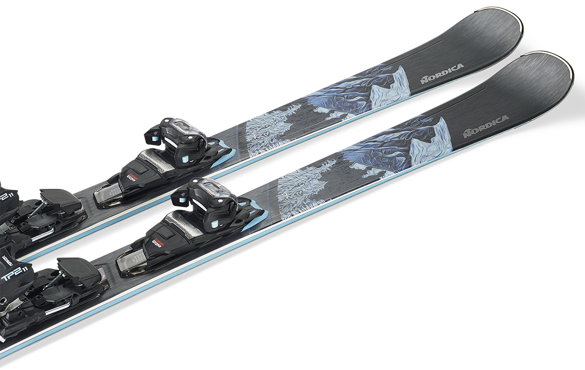 Nordica Wild Belle DC 84 Skis 2027 in Black and Blue with TP2 Light 11 FDT bindings and Double Core construction.