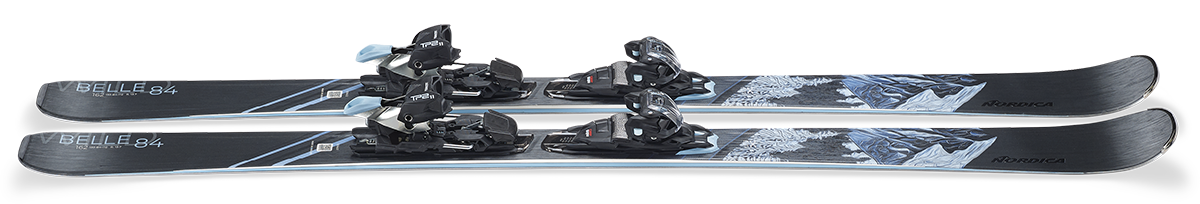 Nordica Wild Belle DC 84 Skis 2027 in Black and Blue with TP2 Light 11 FDT bindings and Double Core construction.