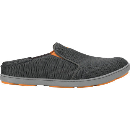 Grey Olukai Men's Nohea Mesh slip-on shoe with orange accents on a white background