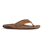 A brown leather Olukai Men's Tuahine flip-flop sandal on a white background