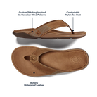 A pair of brown leather Olukai Men's Tuahine flip-flop sandals on a white background