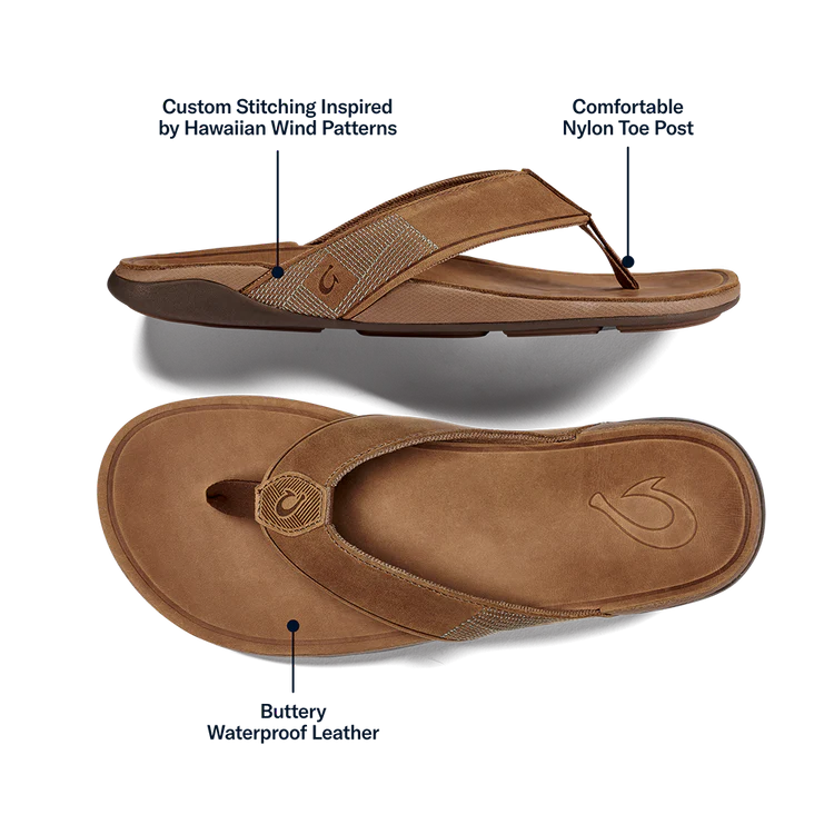 A pair of brown leather Olukai Men's Tuahine flip-flop sandals on a white background
