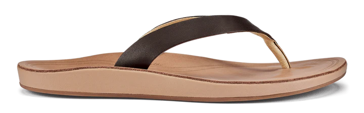 A brown leather Olukai Women's Nonohe flip-flop sandal on a white background