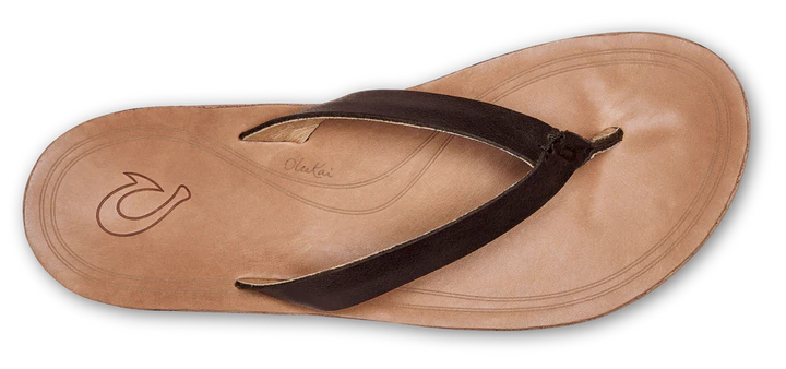 A brown leather Olukai Women's Nonohe flip-flop sandal on a white background