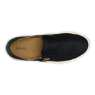 Black Olukai Women's Pehuea slip-on shoe that features a collapsible heel with a white sole on a white background