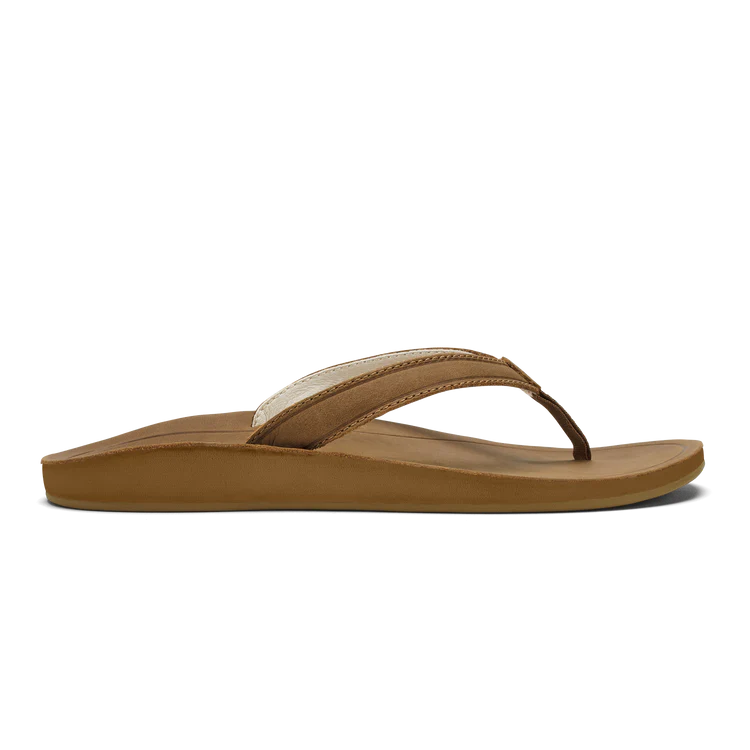 A brown leather Olukai Womens Southshore flip-flop sandal on a white background