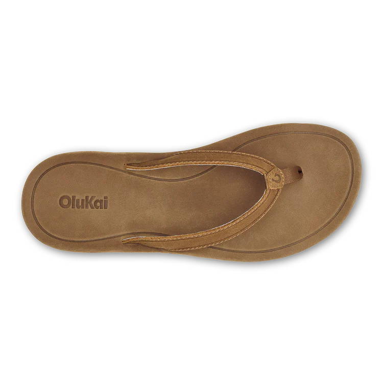 A brown leather Olukai Womens Southshore flip-flop sandal on a white background