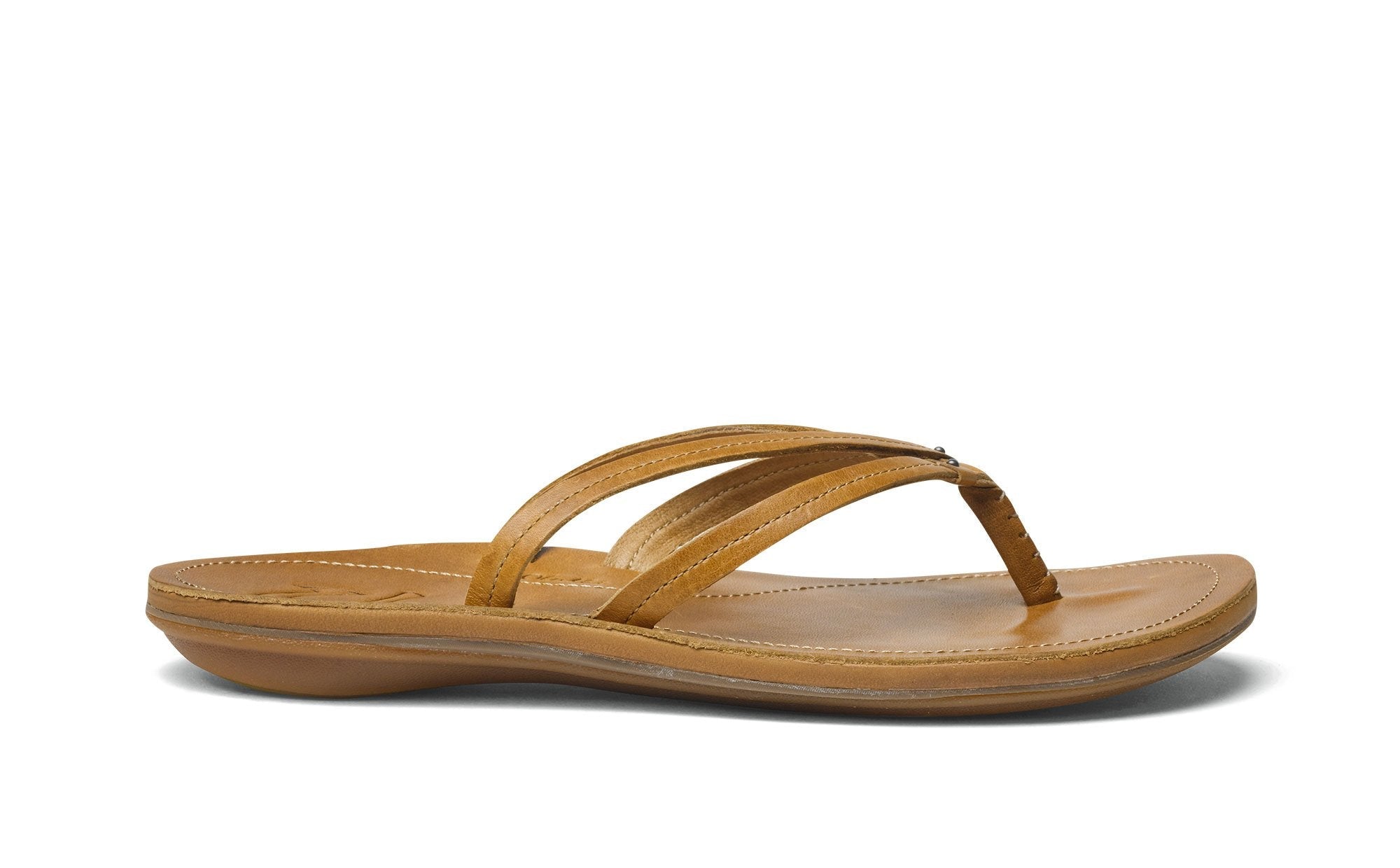 A brown leather Olukai Women's U'i sandal on a white background