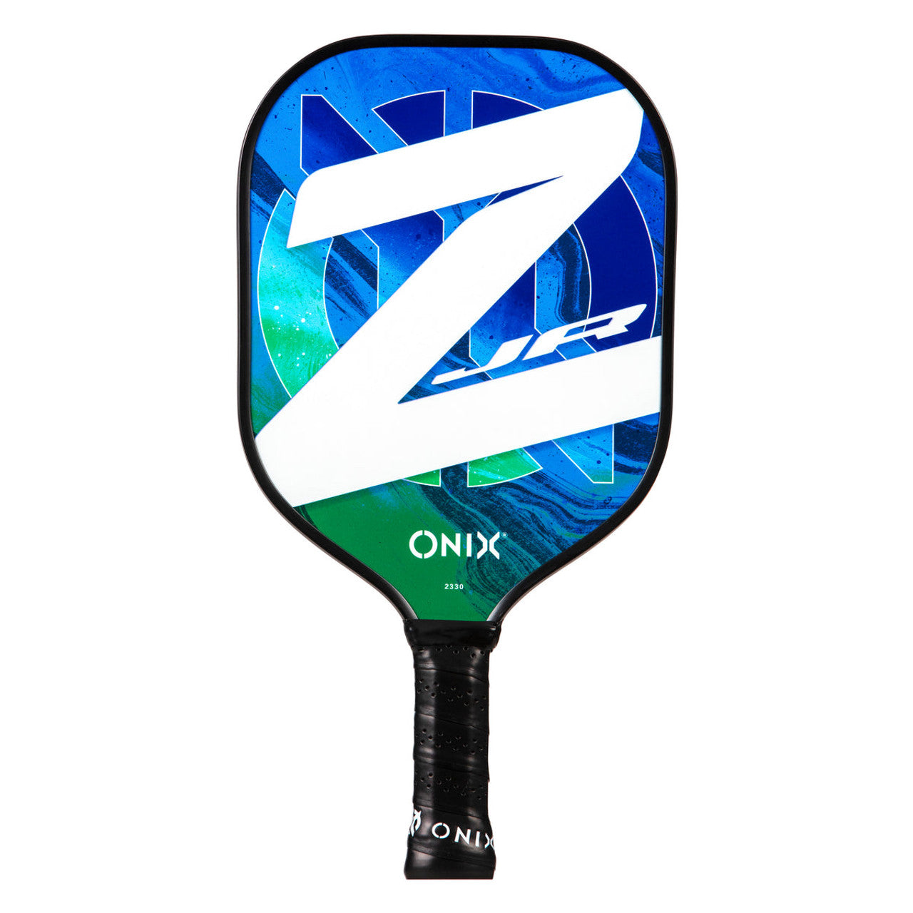 An ONIX Composite Z Junior pickleball paddle that features a fun blue, green, and white colour scheme