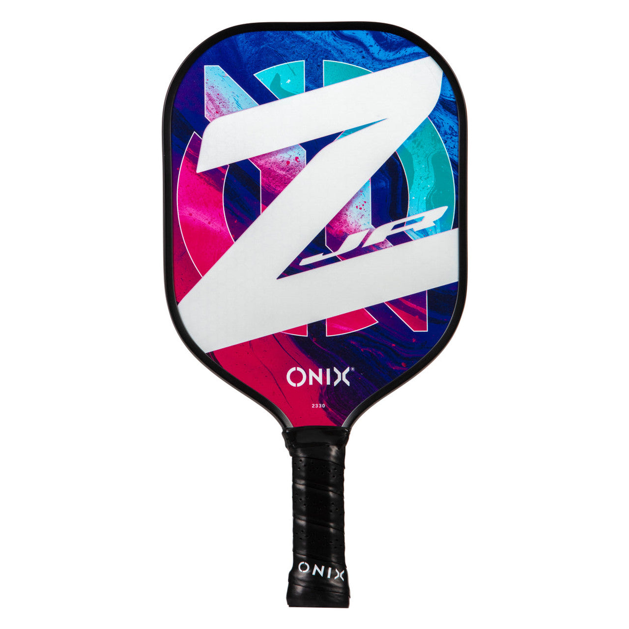An ONIX Composite Z Junior pickleball paddle that features a fun blue, pink, and white colour scheme