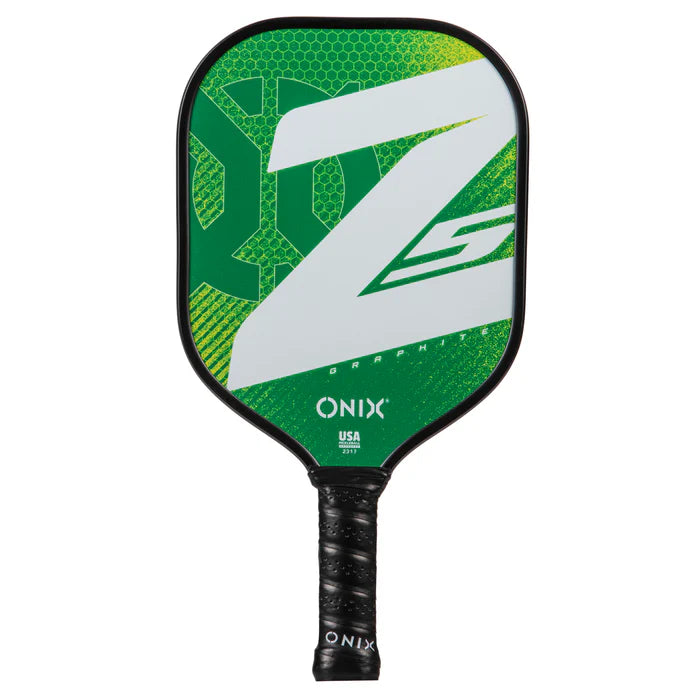 ONIX Z5 Graphite Pickleball Paddle with a predominantly green and white color scheme, featuring the ONIX brand logo and the letter 'Z' in large white font on the face of the paddle.
