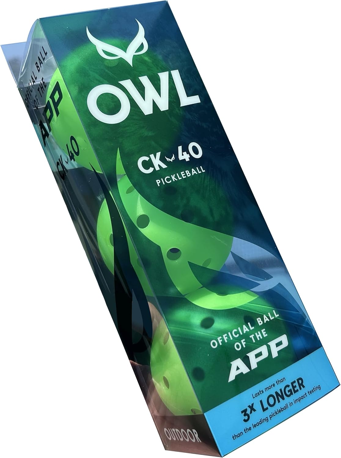 A 3-Pack of green OWL CK-40 outdoor pickleballs