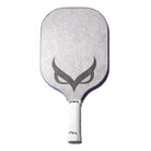 A white and blue OWL CX pickleball paddle that features a silver OWL logo on the noise-reducing surface