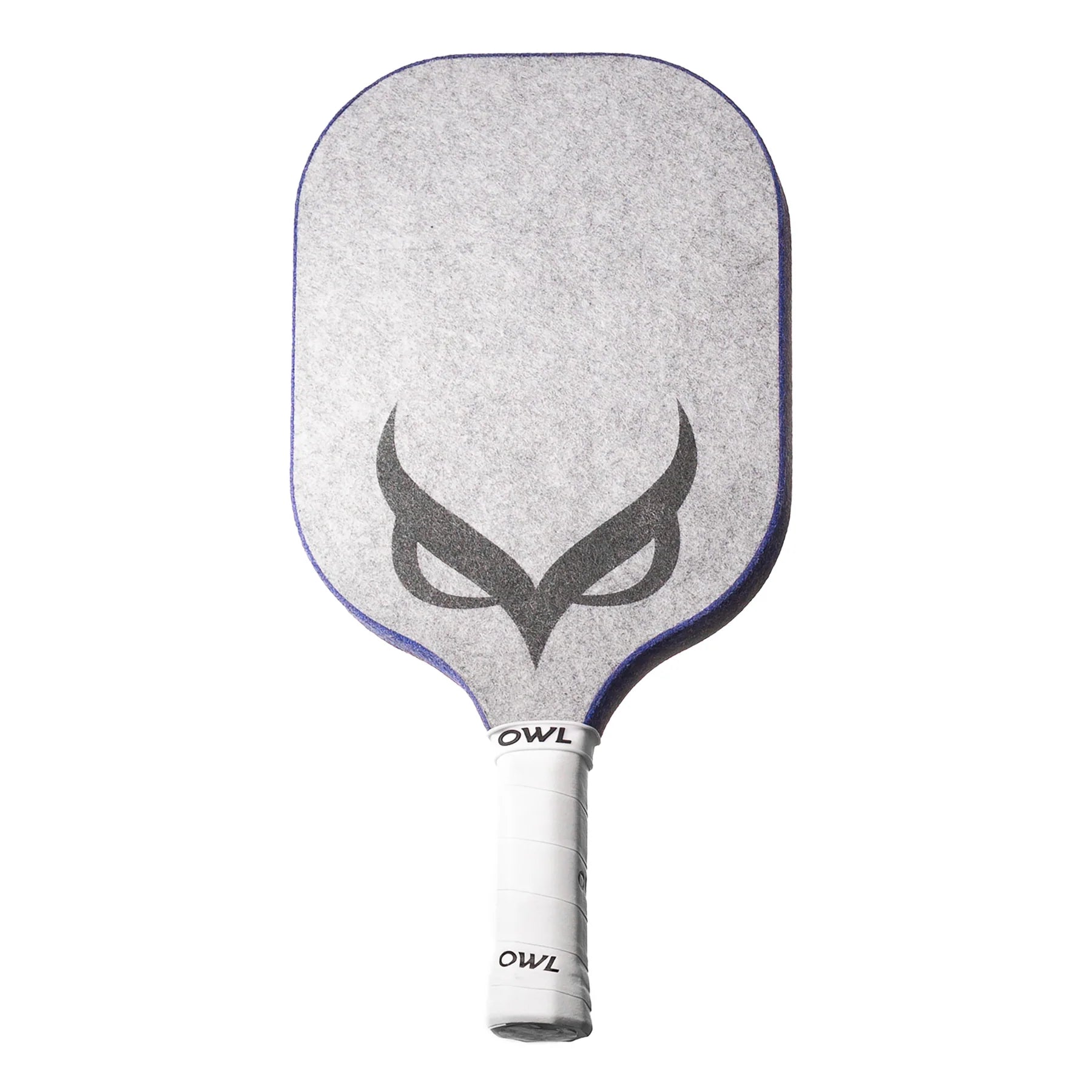 A white and blue OWL CX pickleball paddle that features a silver OWL logo on the noise-reducing surface
