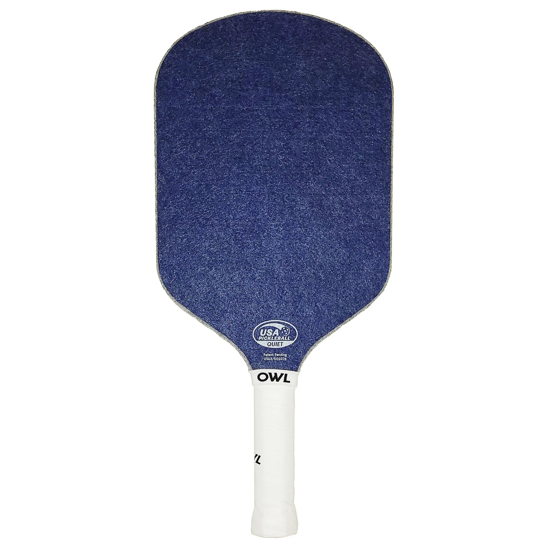 An OWL PXE pickleball paddle with a blue noise-dampening surface that features a white OWL logo