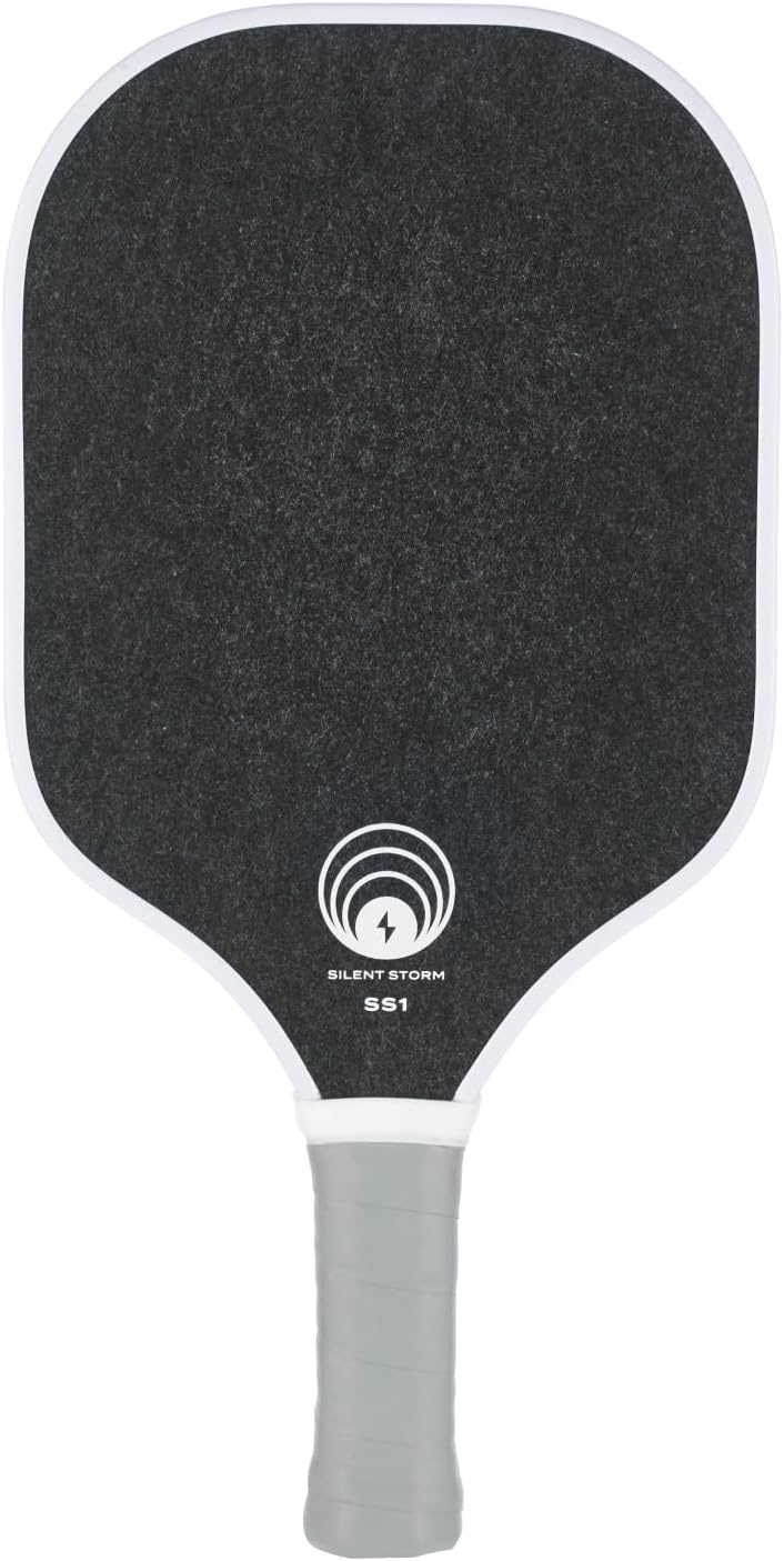 An OWL Silent Storm pickleball paddle that shows off the grey and white noise reducing surface