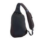 A black Patagonia Atom Sling 8L Pack featuring 100% recycled ripstop fabric, an asymmetrical single-strap harness with a zippered phone pocket, breathable spacer-mesh back paneling, front zippered accessory pocket, and exterior tuck-away compression straps.