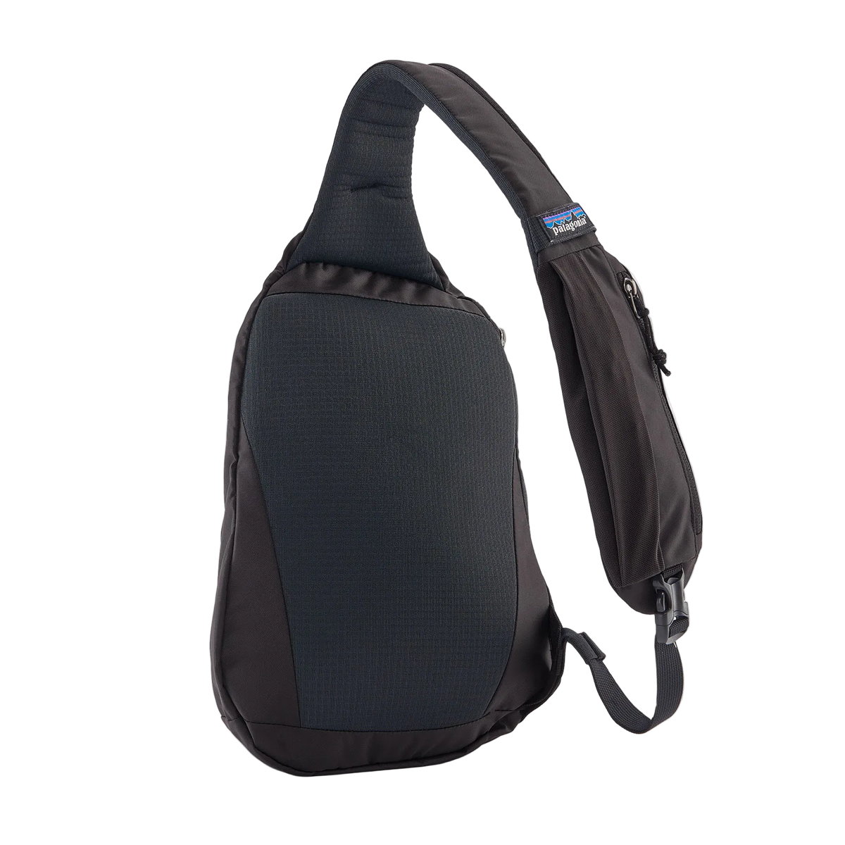 A black Patagonia Atom Sling 8L Pack featuring 100% recycled ripstop fabric, an asymmetrical single-strap harness with a zippered phone pocket, breathable spacer-mesh back paneling, front zippered accessory pocket, and exterior tuck-away compression straps.