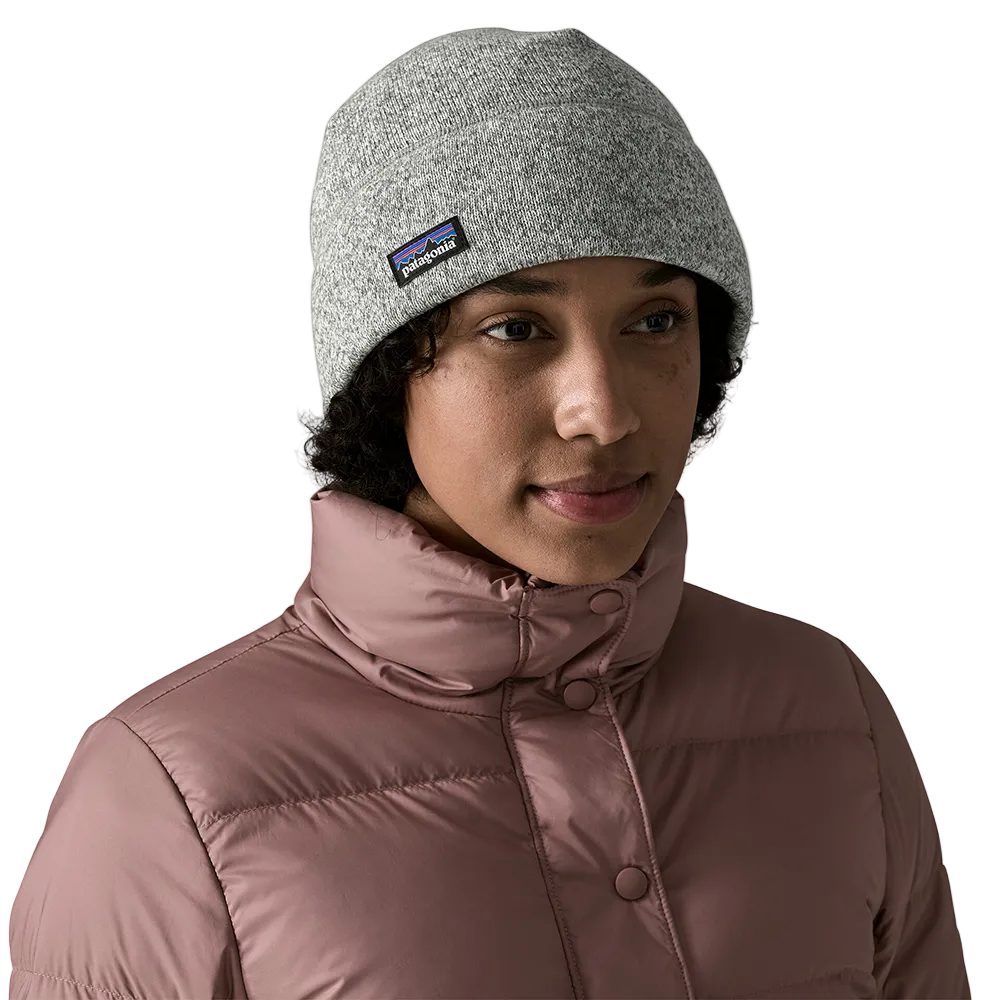 Front view of a birch white Patagonia Better Sweater Beanie featuring 100% recycled polyester sweater-knit fleece fabric, a doubled cuff design, and a low-profile construction.