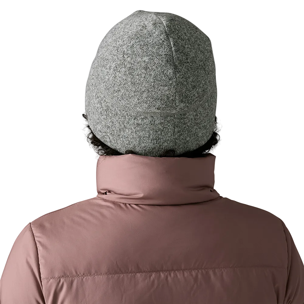 Rear view of a birch white Patagonia Better Sweater Beanie featuring 100% recycled polyester sweater-knit fleece fabric, a doubled cuff design, and a low-profile construction.