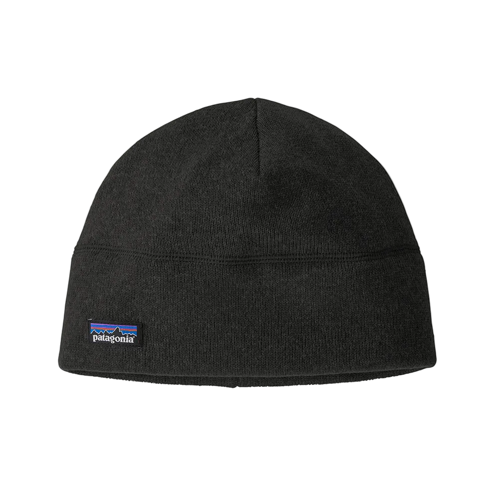 Front view of a black Patagonia Better Sweater Beanie featuring 100% recycled polyester sweater-knit fleece fabric, a doubled cuff design, and a low-profile construction.