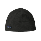 Front view of a black Patagonia Better Sweater Beanie featuring 100% recycled polyester sweater-knit fleece fabric, a doubled cuff design, and a low-profile construction.