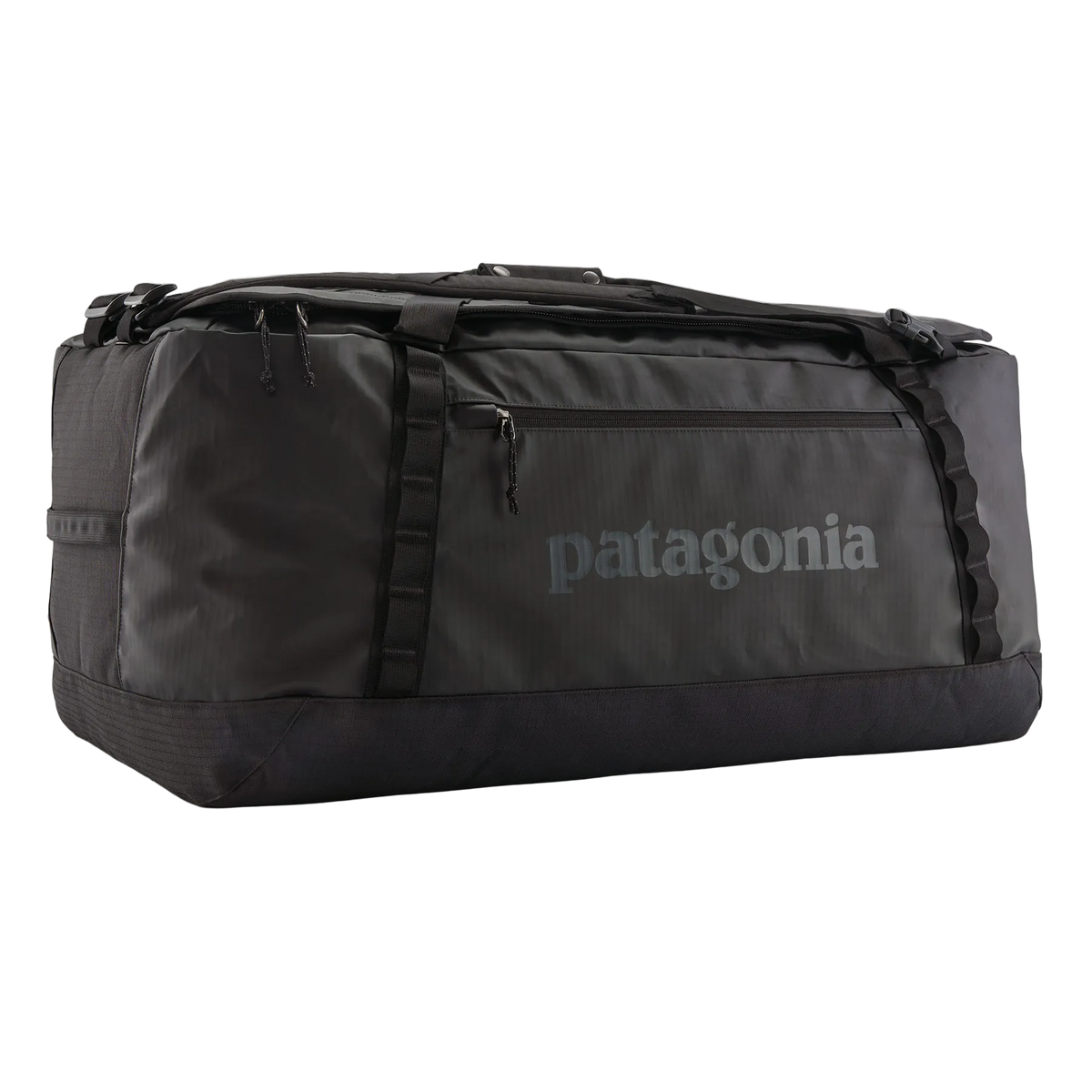 Front view of the black on black Patagonia Black Hole Duffel 100L featuring weather-resistant TPU-laminated ripstop fabric, removable ergonomic backpack shoulder straps, reinforced end haul handles, a padded base, and heavy-duty exterior daisy chain lash loops.