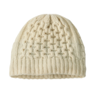 Front view of a birch white Patagonia Coastal Cable Beanie featuring a recycled wool blend cable-knit body, an interior recycled polyester fleece headband lining, and a low-profile fit.