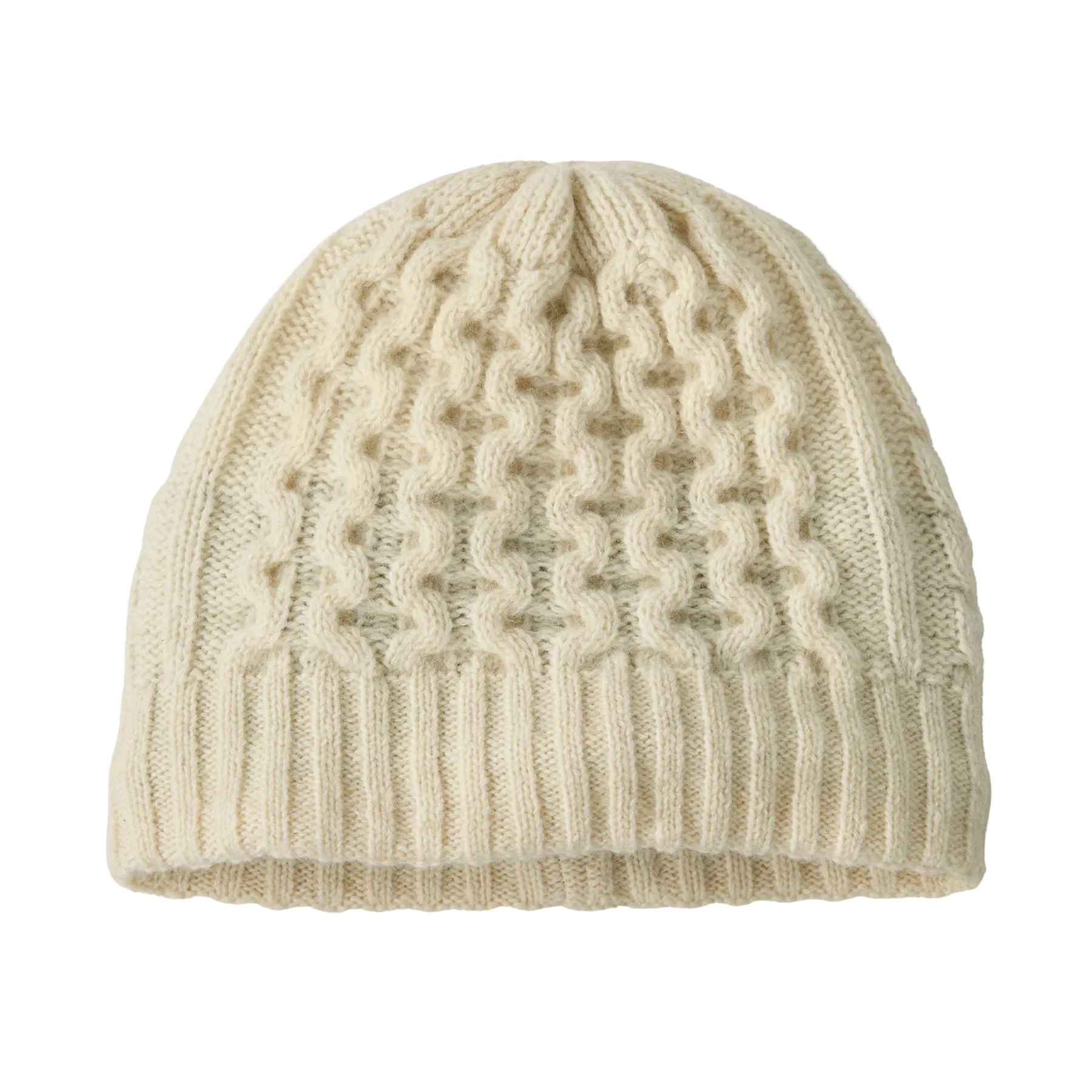 Front view of a birch white Patagonia Coastal Cable Beanie featuring a recycled wool blend cable-knit body, an interior recycled polyester fleece headband lining, and a low-profile fit.